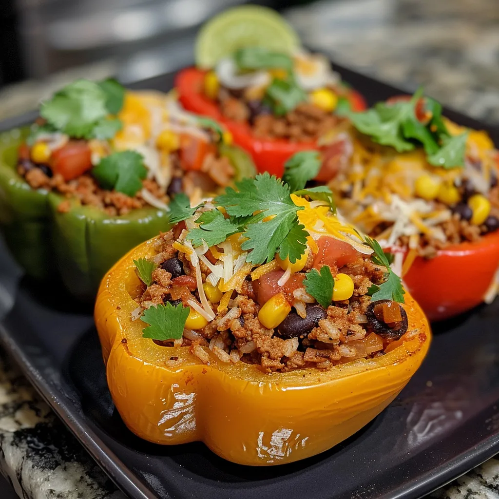 Healthy taco stuffed peppers garnished with fresh cilantro and lime wedges.