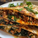 Deliciously melted cheese visible in a turkey and spinach quesadilla, ready to be served.