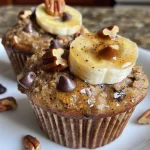 Close-up view of a golden-brown high-protein banana muffin with chocolate chips.