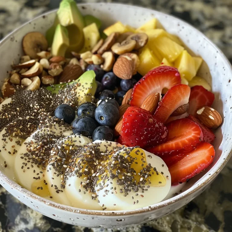 A colorful high protein breakfast bowl featuring Greek yogurt, mixed berries, and chia seeds.