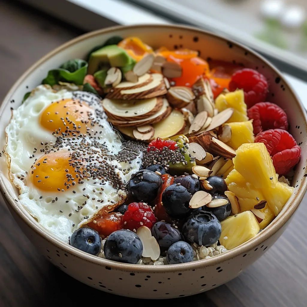 Side view of a nutritious breakfast bowl filled with scrambled eggs, spinach, and avocado slices.
