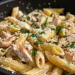 Close-up of a delicious High Protein Garlic Parmesan Pasta Bowl with grilled chicken and creamy sauce.