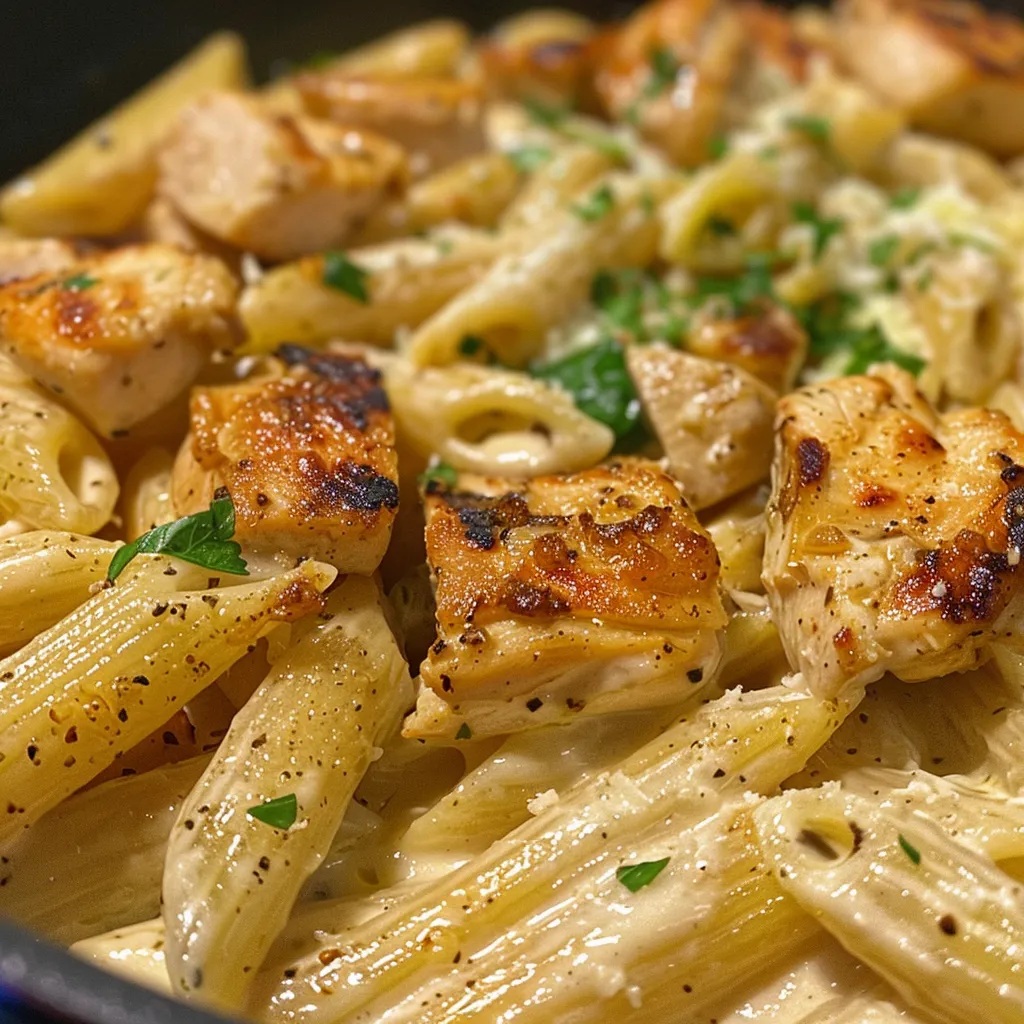 Side view of a vibrant pasta bowl filled with penne, chicken, and garlic parmesan sauce.