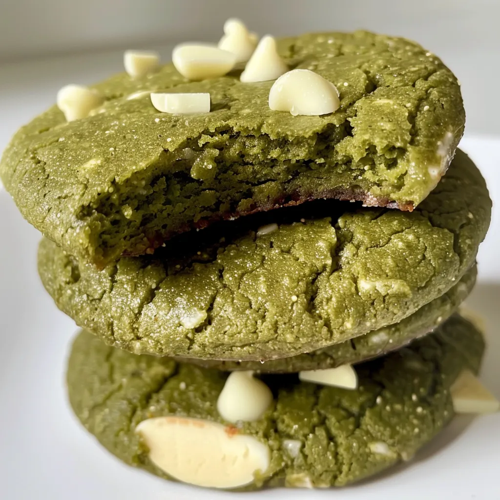 A side view of soft matcha cookies with white chocolate, highlighting their texture and color.