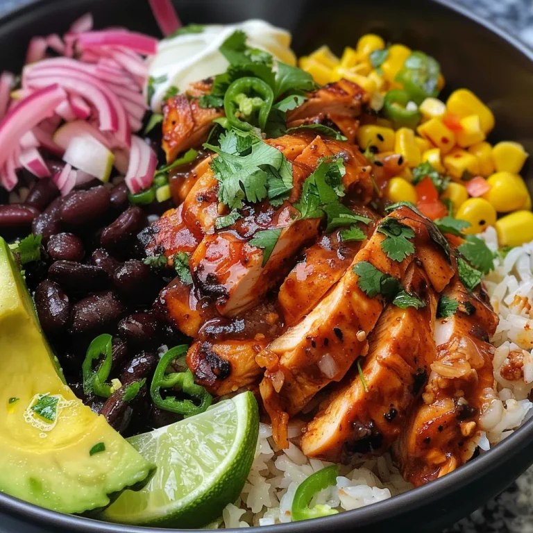 Detailed shot of a rice bowl showcasing honey chipotle chicken, avocado, and lime.