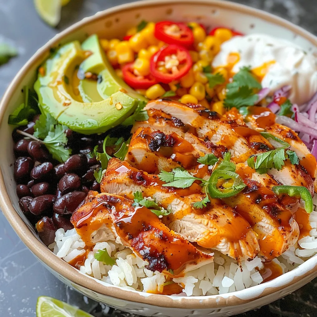 Close-up of a delicious Honey Chipotle Chicken Rice Bowl with black beans and roasted corn.