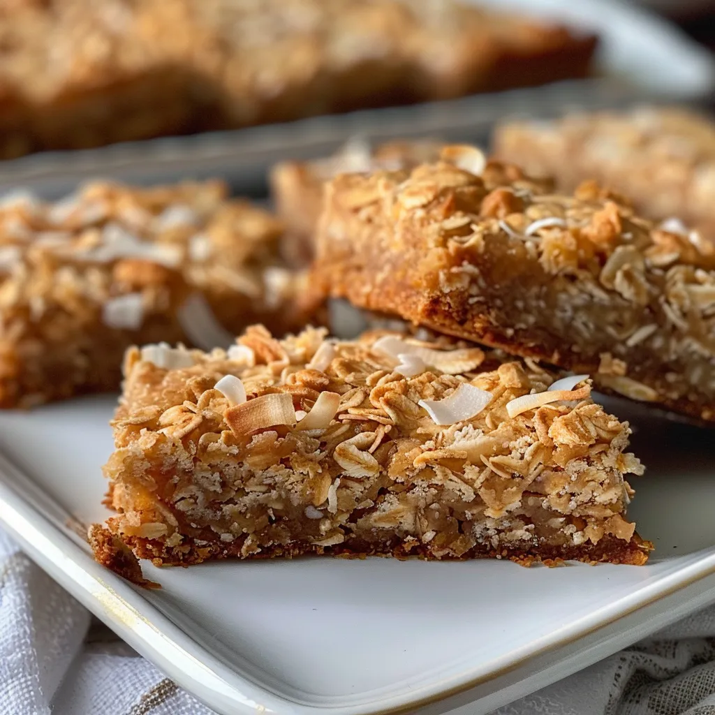 Side view of sliced Honey Coconut Oat Bars showcasing their chewy texture and shiny honey glaze.