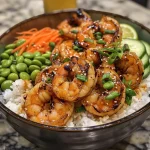 Close-up view of a bowl filled with honey garlic shrimp, rice, and colorful vegetables.