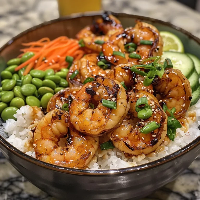 Close-up view of a bowl filled with honey garlic shrimp, rice, and colorful vegetables.