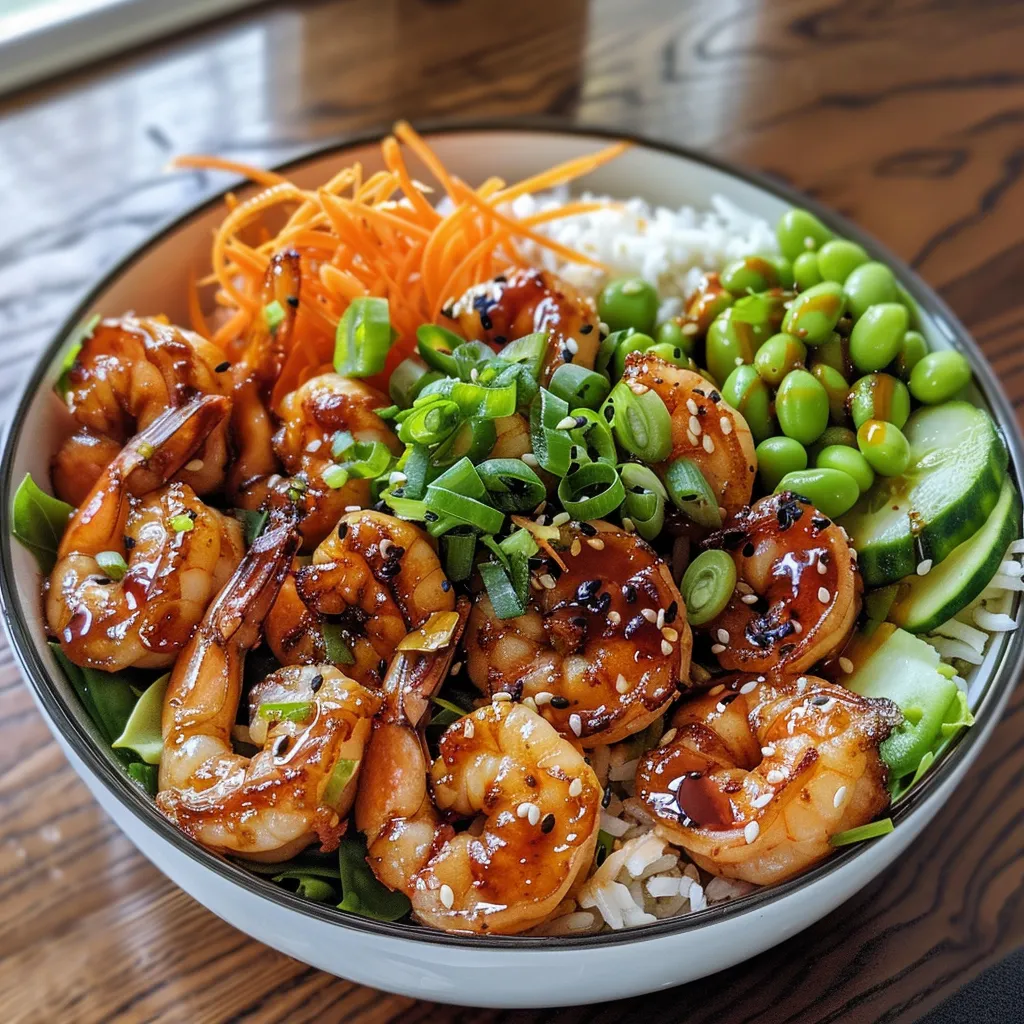 Side view of a delicious honey garlic shrimp bowl, showcasing shrimp, rice, and fresh toppings.