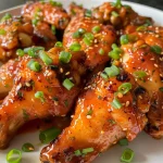 Side view of spiced chicken wings, showcasing a shiny glaze of honey Sriracha.
