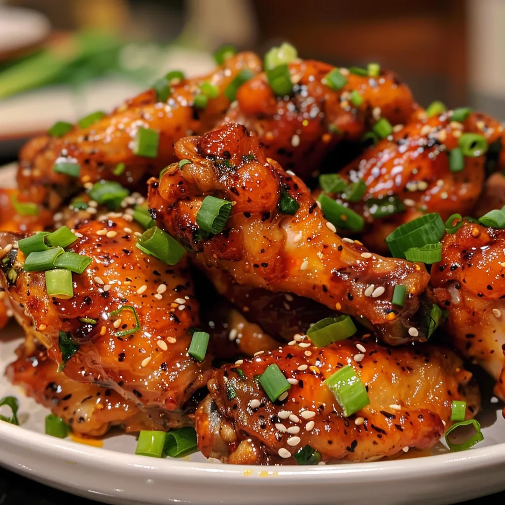 Appetizing chicken wings drizzled with a sticky honey Sriracha sauce, ready to eat.
