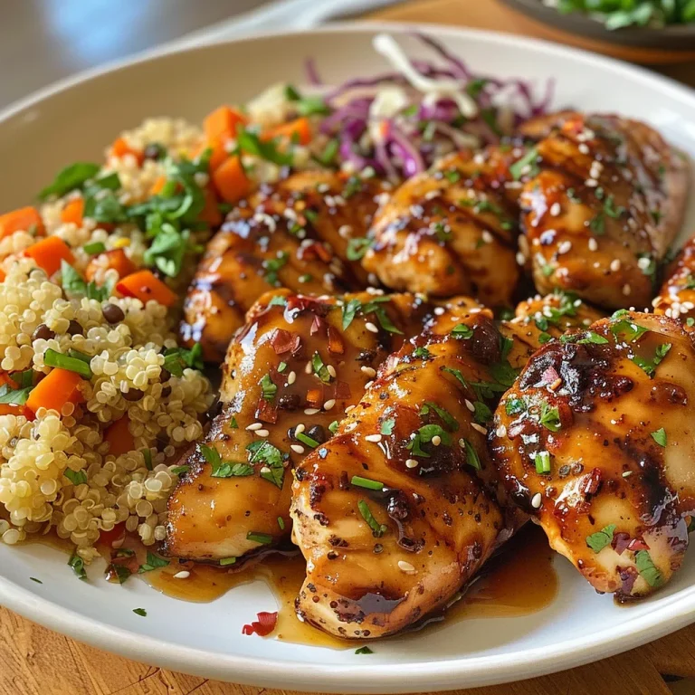 Elevate Your Dinner The Irresistible Hot Honey Chicken Plate Juicy hot honey chicken served on a plate with colorful vegetables and quinoa.