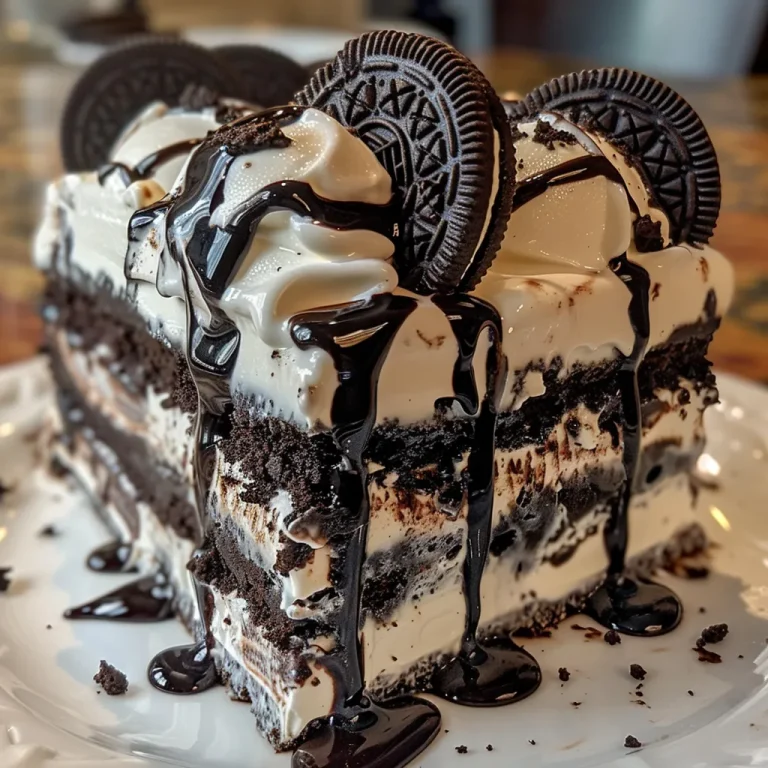 A tempting slice of Ice Cream Sandwich Oreo Cake with visible layers of ice cream and Oreo cookies.