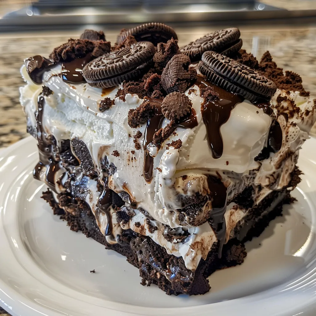 Rich Ice Cream Sandwich Oreo Cake presented from the side, showcasing its creamy and crunchy textures.