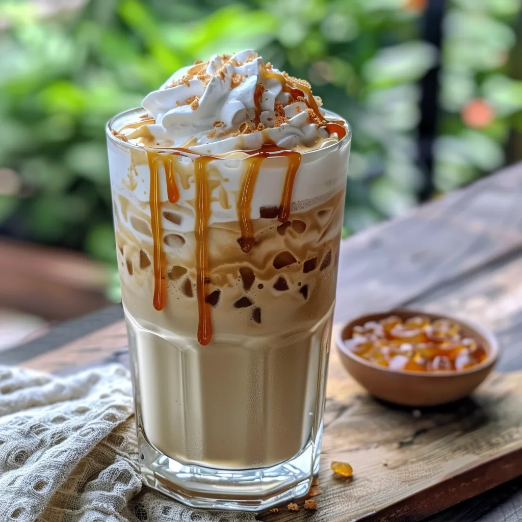 A refreshing iced caramel latte with ice cubes, topped with whipped cream and drizzled with caramel syrup, photographed from the side.
