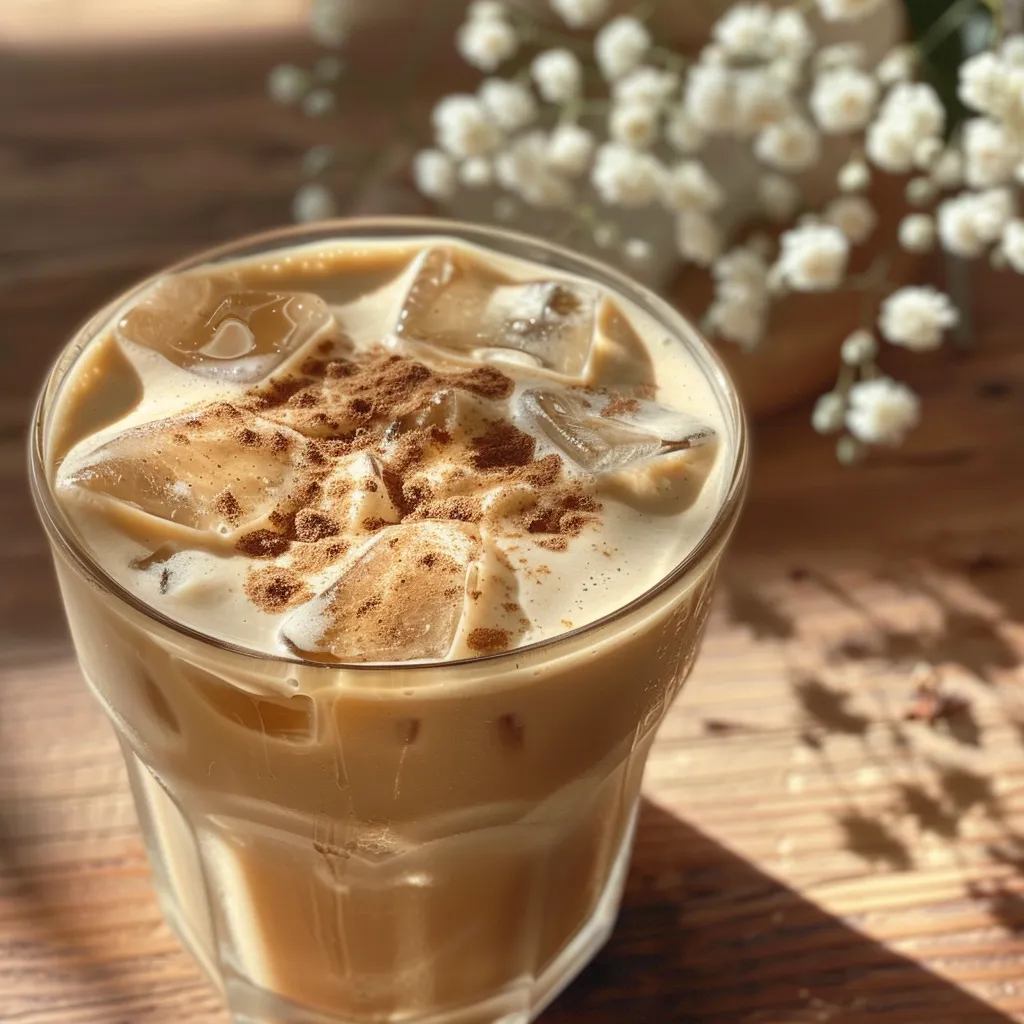 Profile view of a creamy iced honey cinnamon latte topped with a sprinkle of cinnamon.