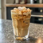 Close-up side view of a glass filled with a layered iced honey latte topped with ice cubes.
