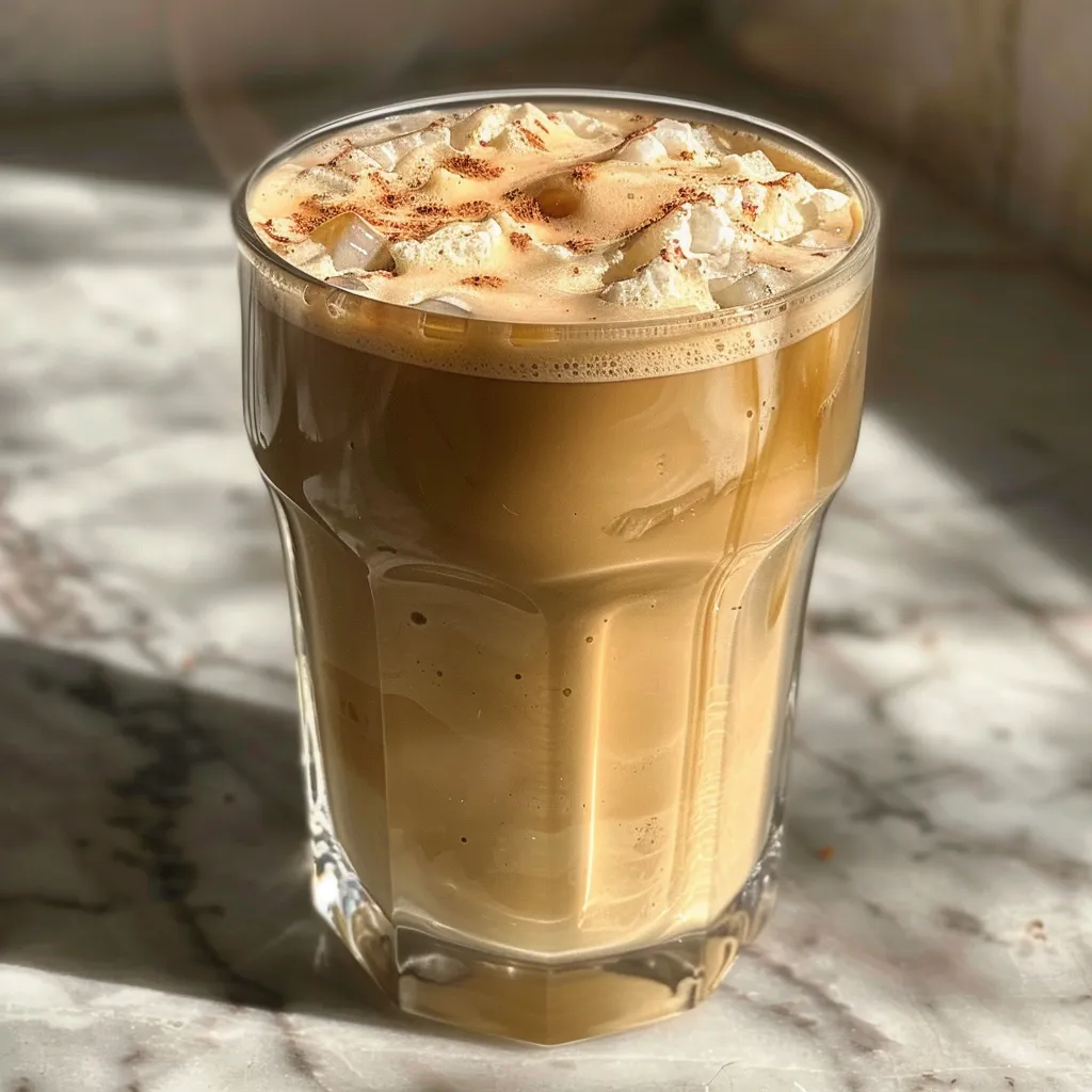 Glass of iced honey latte with visible espresso and milk layers, garnished with ice, photographed closely.
