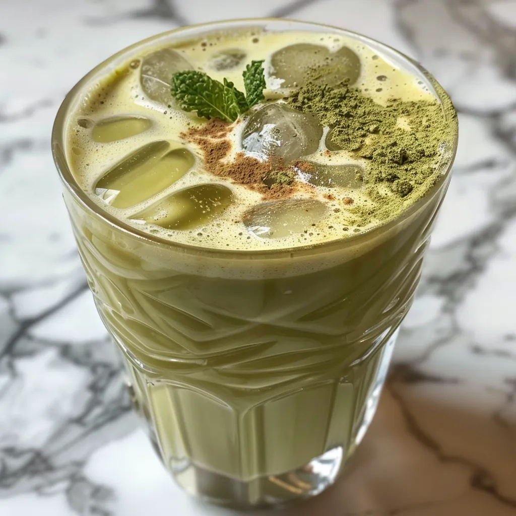 Iced matcha latte in a glass filled with ice cubes, showcasing the creamy texture and green color.