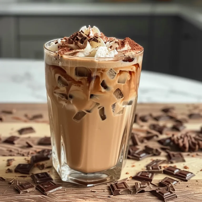 Close-up view of a refreshing iced mocha oat latte in a clear glass.