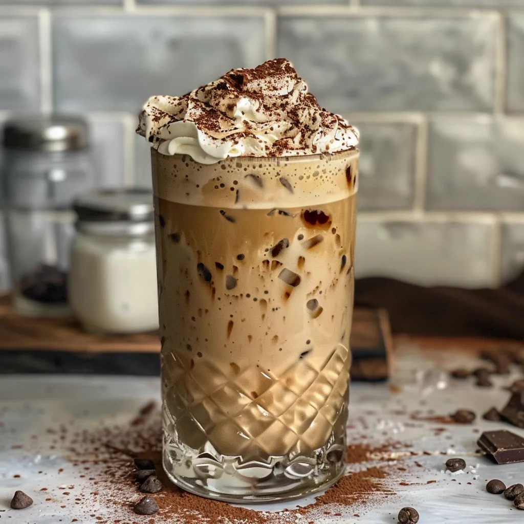 Side angle of a delicious iced mocha oat latte with whipped cream and chocolate shavings.