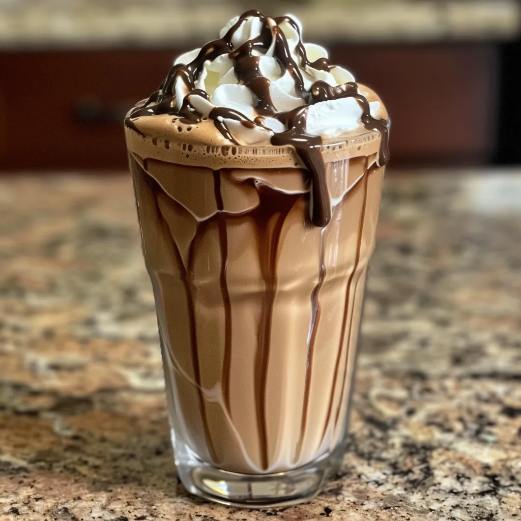 Iced mocha drink featuring a layer of whipped cream and chocolate drizzle.