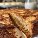 Close-up of a slice of Irish Apple Cake with custard sauce drizzled on top.