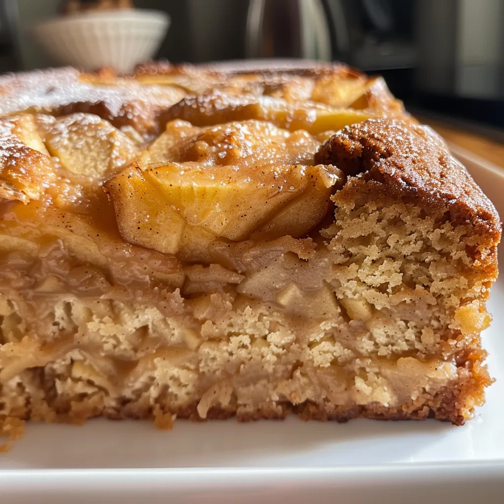 A side view of moist Irish Apple Cake featuring chunks of apple and a creamy custard.