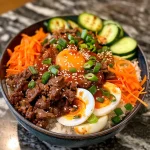 Juicy Korean Beef Bowl meal prep with rice, ground beef, and veggies.