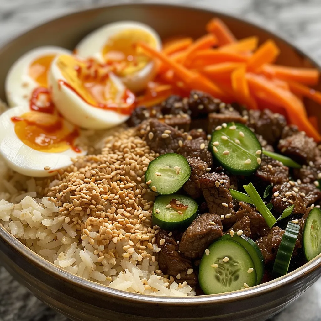 Close-up view of Korean Beef Bowl with colorful ingredients arranged neatly.
