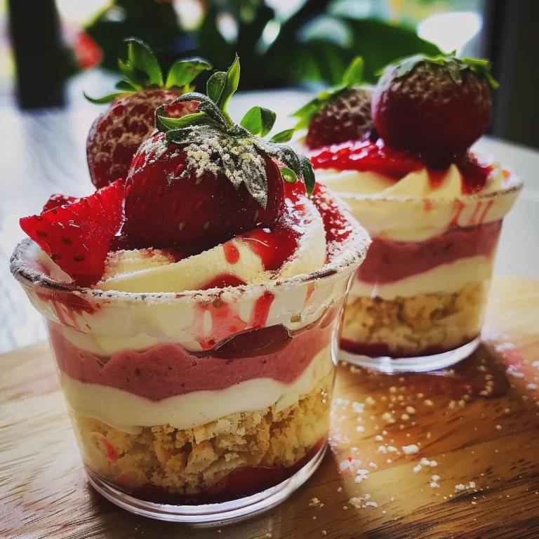 Elevate Your Dessert Game with Layered Strawberry Mousse Cups Rich, creamy layered mousse in clear cups garnished with fresh strawberries.