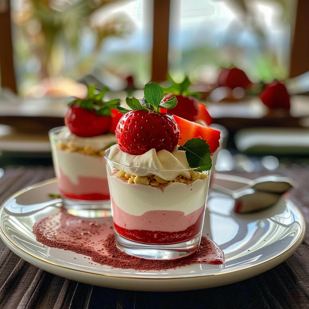 Delicious strawberry mousse cups with a glossy strawberry sauce drizzle.