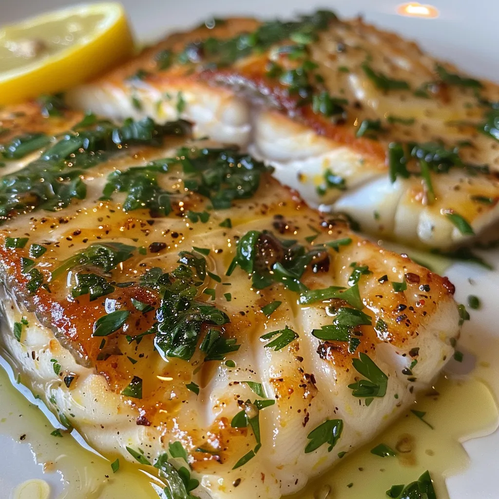 A vibrant dish of lemon butter cod, showcasing a rich sauce and colorful garnishes.