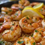 Side view of cooked shrimp garnished with parsley and lemon.
