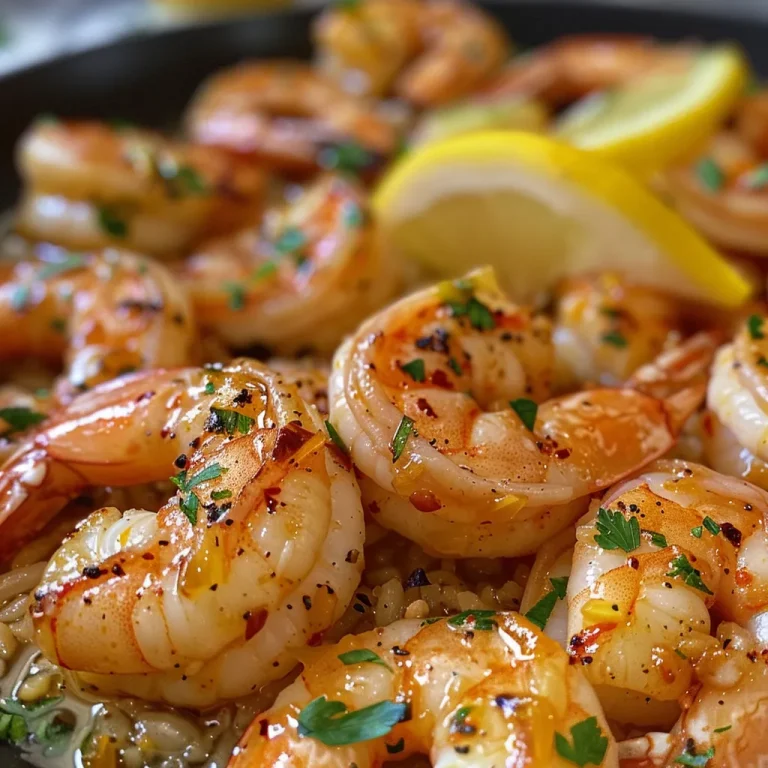 Savor the Simplicity: A Delightful Lemon Butter Garlic Shrimp Recipe Side view of cooked shrimp garnished with parsley and lemon.