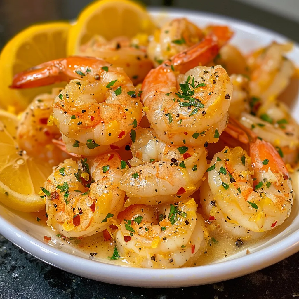 Delicious Lemon Butter Garlic Shrimp served on a white plate.