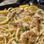 Close-up view of Lemon Chicken Pasta with fettuccine, chicken, and lemon slices.
