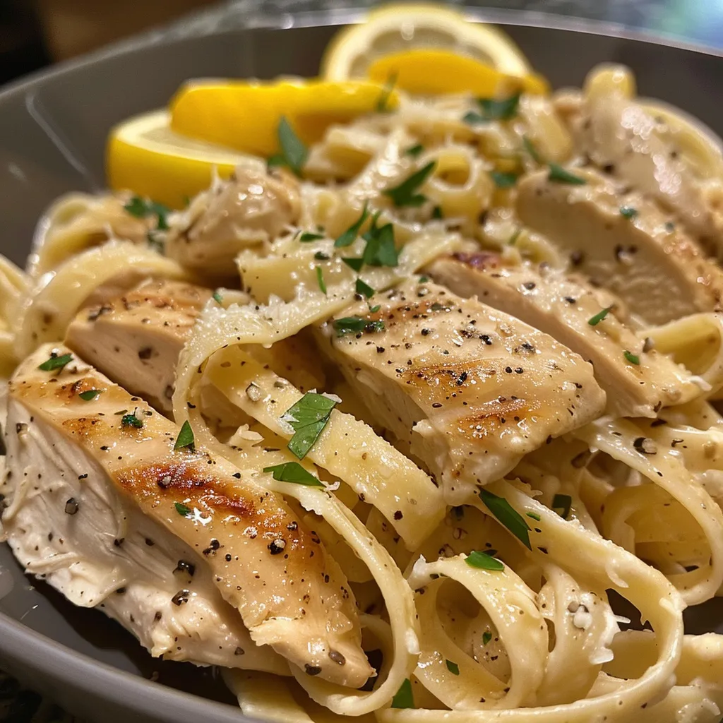 A plate of Lemon Chicken Pasta showcasing chicken, creamy sauce, and fresh parsley.