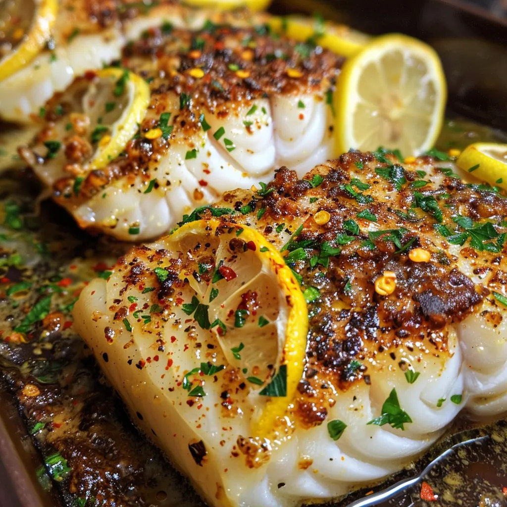 Flavorful baked cod topped with parsley and lemon, presented elegantly.