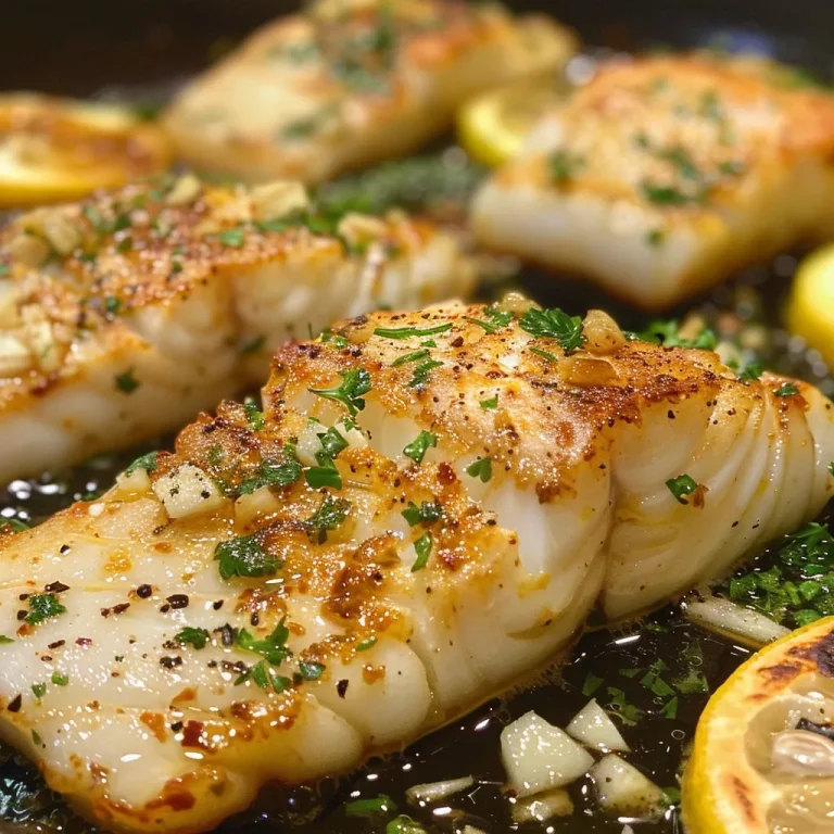 Savor the Flavor: Unleashing the Zest in Lemon Garlic Butter Cod Side view of tender cod fillets glistening with garlic butter, accompanied by fresh lemon zest.