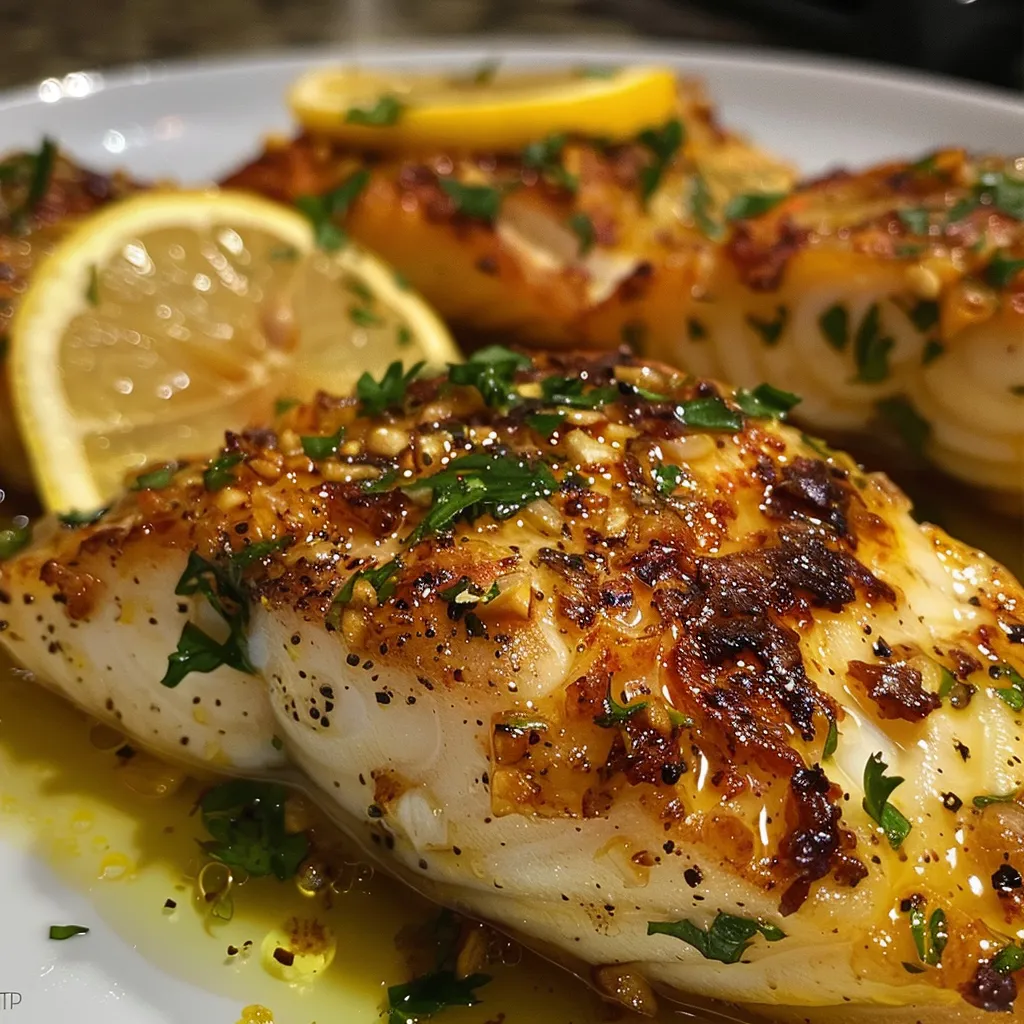 Plated Lemon Garlic Butter Cod with vibrant lemon juice and minced garlic visible on the fish.