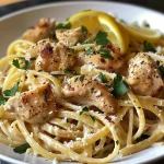 Close-up of Lemon Garlic Chicken Pasta with chicken pieces, lemon slices, and herbs.