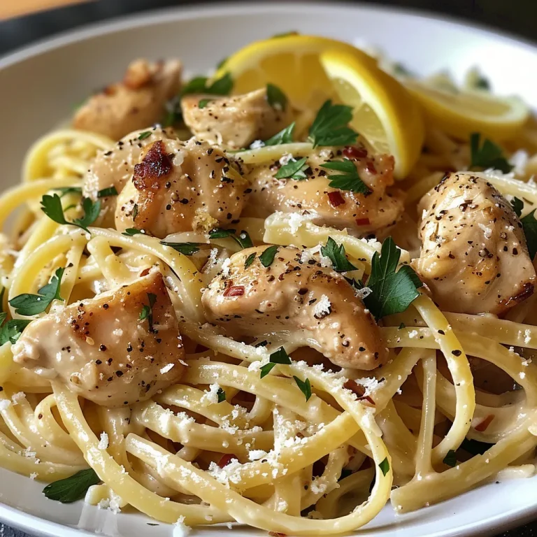 Close-up of Lemon Garlic Chicken Pasta with chicken pieces, lemon slices, and herbs.
