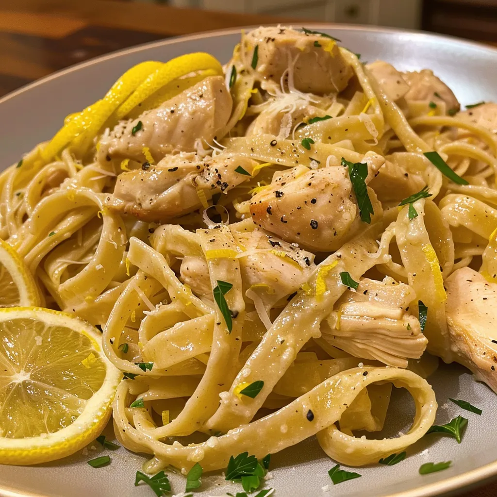 Side view of a bowl filled with Lemon Garlic Chicken Pasta garnished with parsley and lemon.