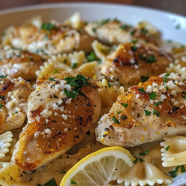 Elevate Your Dinner Game with Zesty Lemon Garlic Chicken and Creamy Bowtie Pasta Delicious bowl of creamy bowtie pasta topped with lemon garlic chicken.