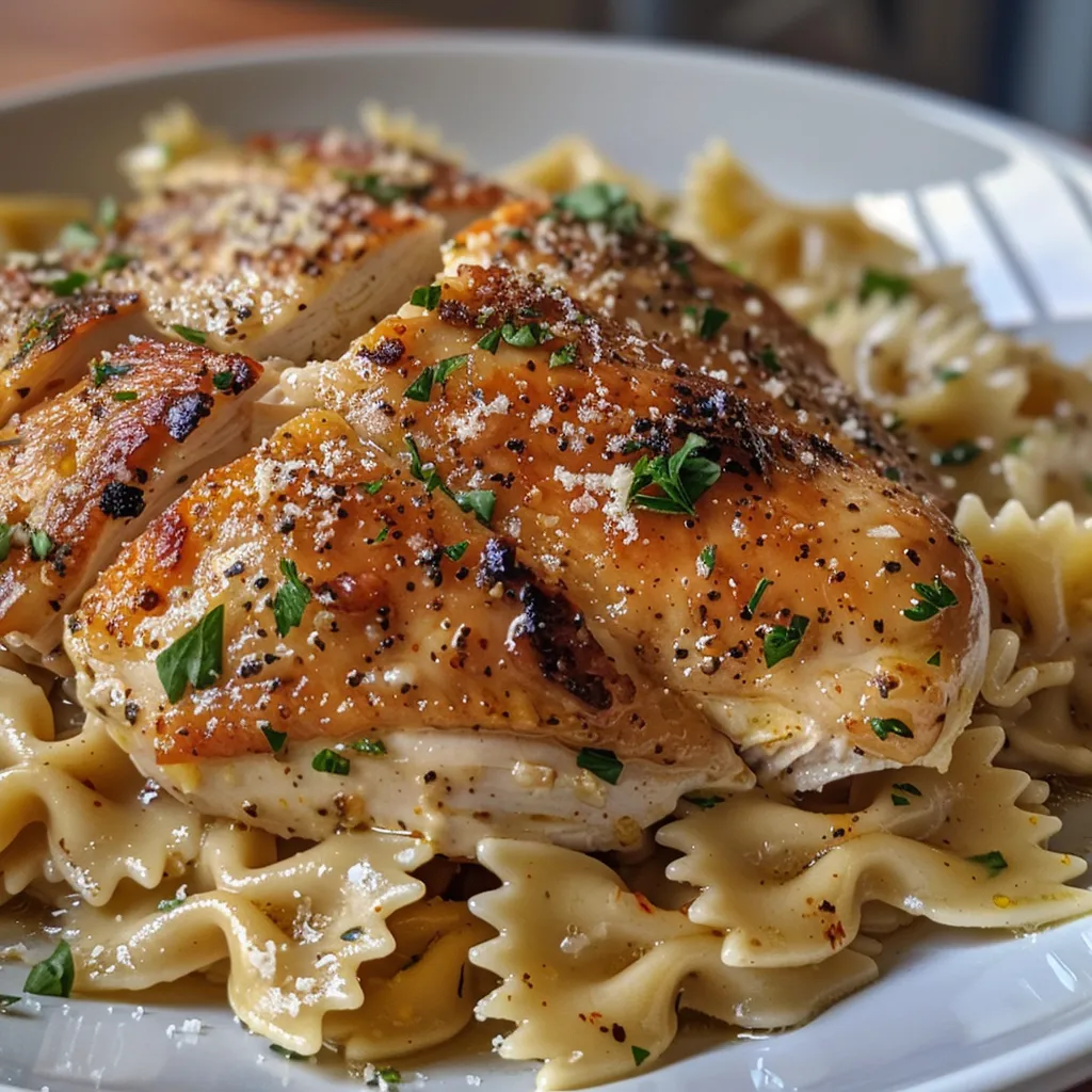 Appetizing dish of lemon garlic chicken resting atop a bed of bowtie pasta.