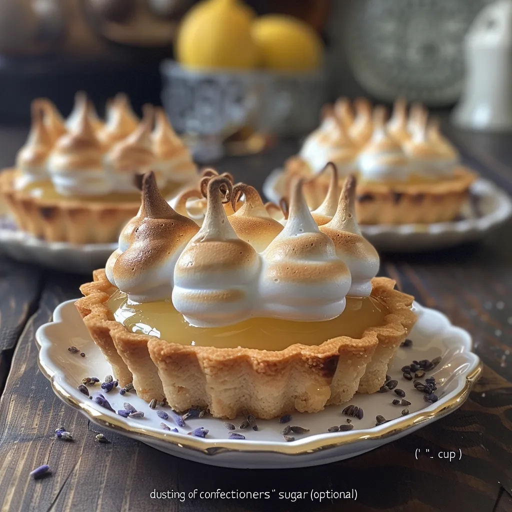 Delicious Lemon Lavender Meringue Tartlets with a light purple hue and topped with candied lemon peel.