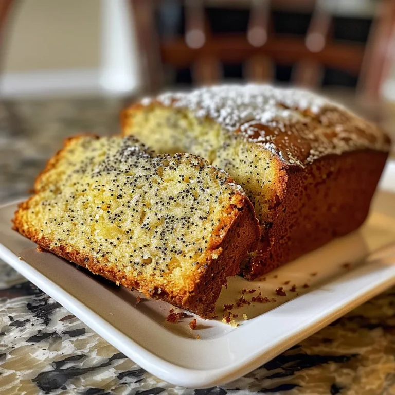 A detailed side view of a golden lemon poppy seed loaf cake with a moist crumb and vibrant lemon zest pieces.