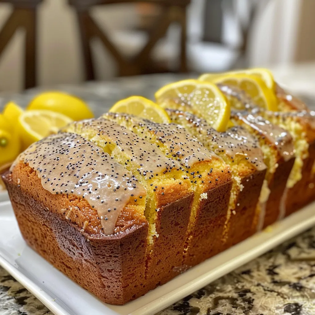 An appetizing slice of lemon poppy seed loaf cake featuring a soft texture and a drizzle of powdered sugar glaze.